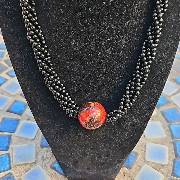 Glass Seed Beaded Necklace Cloisonné Ball Pendant Design Black/Red Women's OS